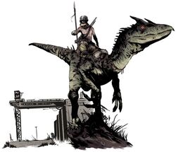  canid canine canis dinosaur domestic_dog extinct female feral gun mammal melee_weapon mutant:_genlab_alpha mutant:_year_zero mutant_(franchise) polearm prehistoric_species ranged_weapon reine_rosenberg reptile ruins scalie shotgun simple_background spear warrior weapon white_background 