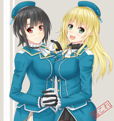  2girls atago_(kancolle) beret black_hair blonde_hair breast_press breasts commentary_request green_eyes hat huge_breasts interlocked_fingers kantai_collection large_breasts long_hair multiple_girls pantyhose photoshop_(medium) red_eyes sano_souichi short_hair symmetrical_docking takao_(kancolle) 