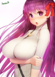  alternate_costume arm_grab bb_(fate)_(all) bb_(fate/extra_ccc) between_breasts blush breast_hold breasts casual fate/extra fate/extra_ccc fate/grand_order fate_(series) hair_ribbon huge_breasts long_hair looking_at_viewer nail_polish purple_eyes purple_hair rak_(kuraga) ribbed_sweater ribbon solo sweater tongue tongue_out turtleneck turtleneck_sweater upper_body very_long_hair 