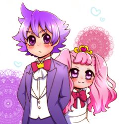  1boy apron aroma_(go!_princess_precure) aroma_(go!_princess_precure)_(human) bow bowtie brother_and_sister commentary dress female formal go!_princess_precure kurosaki_iroha official_style personification pink_hair precure puff_(go!_princess_precure) puff_(go!_princess_precure)_(human) siblings suit traditional_bowtie 