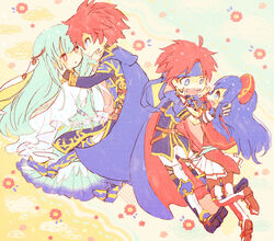  2boys 2girls aqua_hair armor armored_boots belt blue_eyes blue_hair blush boots bracelet cape capelet chibi commentary_request couple dress eliwood_(fire_emblem) face-to-face father_and_son fingerless_gloves fire_emblem fire_emblem:_the_binding_blade fire_emblem:_the_blazing_blade fire_emblem_heroes flower gloves hair_ornament hand_on_another&#039;s_cheek hand_on_another&#039;s_face hat headband jewelry kappaman lilina_(fire_emblem) long_hair long_sleeves mother_and_son multiple_boys multiple_girls ninian_(fire_emblem) open_mouth red_eyes red_hair robe roy_(fire_emblem) shoes short_sleeves skirt smile spiked_hair straight traditional_media 