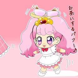  apron chibi commentary_request female go!_princess_precure haruno_haruka hinata_(laby_spe) personification pink_background pink_hair precure puff_(go!_princess_precure) puff_(go!_princess_precure)_(human) solo translation_request 