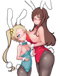  2girls animal_ears blonde_hair blue_eyes blush_stickers breasts brown_eyes brown_hair commentary_request fishnet_pantyhose fishnets glasses large_breasts long_hair megane_chuu multiple_girls original pantyhose playboy_bunny rabbit_ears rabbit_tail small_breasts standing tail twintails wrist_cuffs 