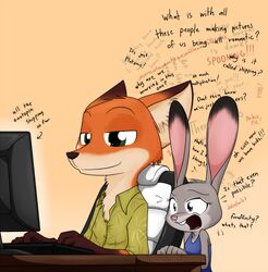  2016 anthro bare_shoulders buckteeth canid canine celebrity_paradox computer confusion desk dialogue disney duo electronics english_text female fox fur furniture green_eyes grey_body grey_fur humor inner_ear_fluff judy_hopps lagomorph leporid long_ears male mammal nick_wilde orange_body orange_fur purple_eyes rabbit red_fox sandwich-anomaly self_search smile smug table teeth text the_truth true_fox tuft zootopia 