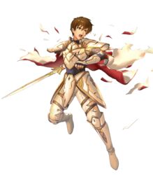  1boy aoji_(aoji-web) armor boots broken_armor brown_eyes brown_hair cape commentary_request faulds fingerless_gloves fire_emblem fire_emblem:_thracia_776 fire_emblem_heroes full_body gauntlets gloves highres holding holding_sword holding_weapon knee_boots leif_(fire_emblem) light_brand looking_away male_focus official_art open_mouth pants shoulder_armor solo sword torn_clothes transparent_background weapon white_armor 