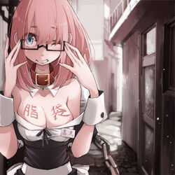  adjusting_eyewear blue_eyes breasts building chains cleavage collar commentary_request detached_collar door female glasses maid md5_mismatch medium_breasts name_tag one_eye_closed original photoshop_(medium) pink_hair resolution_mismatch short_hair smile solo source_smaller takagi_(tansuke) tansuke translation_request wrist_cuffs 