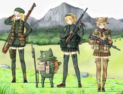  3girls adjusting_eyewear ammunition_pouch backpack bad_id bad_pixiv_id bag bayonet beret blonde_hair bolt_action england explosive glasses gloves grass grenade gun hairband hat helmet lee-enfield load_bearing_equipment mars_expedition meadow military military_uniform mountain multiple_girls pouch ribbon rifle robot skirt sten_gun sterling_smg submachine_gun thighhighs uniform union_jack united_kingdom weapon y_(khakiyawn) zettai_ryouiki 