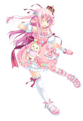  ;p amamiya_minato asymmetrical_legwear bare_shoulders bow collarbone crown female female frills gloves jewelry lollipop long_hair original pink_bow pink_eyes pink_gloves pink_hair side_tail smile solo star_(symbol) straight_hair thighhighs tongue v wink zettai_ryouiki 