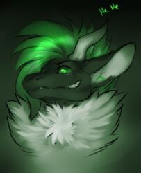  2015 anthro black_body black_fur dragon fur furred_dragon furred_scalie green_eyes green_hair grin hair headshot_portrait horn icon jiaat_trent laugh looking_at_viewer male mythological_creature mythological_scalie mythology neck_tuft nude portrait scalie shapeshifterprincess smile solo tuft 