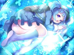  backpack bag blue_background blue_eyes blue_hair boots commentary_request female hair_bobbles hair_ornament hat kawashiro_nitori key lying on_stomach open_mouth panties rubber_boots short_hair solo taka_(sanoujo358) touhou two_side_up underwear white_panties wrench 