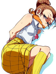  arms_behind_back blue_eyes bondage bound bound_wrists breasts brown_hair cloth_gag commentary_request female gag gagged highres improvised_gag jcm2 kneehighs luan_loud lying on_side shirt skirt sleeveless sleeveless_shirt small_breasts socks solo sweat the_loud_house yellow_skirt yellow_socks 