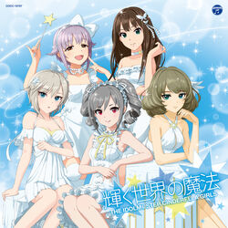  5girls :d album_cover anastasia_(idolmaster) blue_eyes brown_eyes brown_hair butterfly_hair_ornament choker copyright_name cover dress drill_hair green_eyes grey_hair hair_ornament hair_ribbon hairband heterochromia idolmaster idolmaster_cinderella_girls kanzaki_ranko koshimizu_sachiko kurogoma long_hair mole mole_under_eye multiple_girls official_art open_mouth purple_hair red_eyes ribbon shibuya_rin short_hair smile takagaki_kaede thighhighs twin_drills twintails wand white_dress 