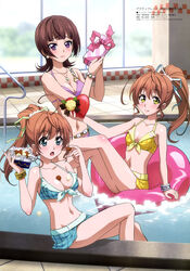  3girls absurdres active_raid ahoge arm_support belly_chain between_breasts bikini bikini_skirt black_hair blue_bikini blue_eyes blunt_bangs blurry blush body_blush box bracelet breasts brown_hair checkered chocolate closed_mouth day depth_of_field diagonal_stripes earrings flipped_hair floral_print flower food food_on_body from_side front-tie_bikini_top front-tie_top frown gift gift_box hair_flower hair_ornament hair_ribbon heart high_ponytail highres holding hoshino_masumi indoors inflatable_toy jewelry kazari_asami knee_up legs_up lipstick long_hair makeup multiple_girls navel necklace o-ring o-ring_bikini o-ring_top official_art open_mouth outstretched_arm plaid plaid_bikini ponytail pool poolside purple_bikini purple_eyes raised_eyebrows ribbon scan short_hair siblings sidelocks sisters sitting small_breasts spill standing striped surprised swimsuit tile_floor tiles valentine wading water window yamabuki_hinata yamabuki_rin yellow_bikini yellow_eyes 