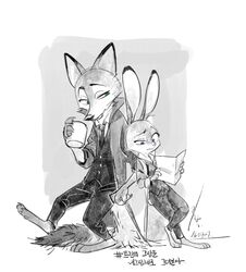  2016 anthro barefoot canid canine claws clothing coat coffee_mug container cup digital_media_(artwork) disney duo feet female fox fur ganym0 grey_body grey_fur holding_container holding_cup holding_object judy_hopps korean_text lagomorph leporid long_ears looking_back male mammal nick_wilde orange_body orange_fur rabbit red_fox size_difference text topwear translated trenchcoat true_fox zootopia 