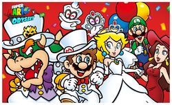  anthro balloon bonneter bowser brother_(lore) brother_and_sister_(lore) brothers_(lore) cappy_(mario) clothing crown dancing female ghost group hat headgear headwear hi_res human inflatable koopa luigi male mammal mario mario_bros mayor_pauline nintendo official_art princess_peach reptile scalie sibling_(lore) sister_(lore) spirit super_mario_odyssey text text_on_clothing text_on_hat text_on_headwear tiara_(mario) twins_(lore) 