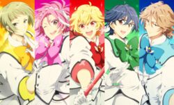  5boys :d bad_id bad_pixiv_id battle_lover_cerulean battle_lover_epinard battle_lover_scarlet battle_lover_sulfur battle_lover_vesta binan_koukou_chikyuu_bouei-bu_love! blonde_hair blue_eyes blue_hair bow brown_eyes brown_hair column_lineup glasses gloves hakone_yumoto k-mame kinugawa_atsushi magical_boy male_focus multiple_boys naruko_io open_mouth pink_hair purple_eyes smile white_gloves yufuin_en zaou_ryuu 