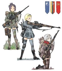  3girls bad_id bad_pixiv_id battle_rifle cross gewehr_43 gun hairband hammer_and_sickle highres iron_cross kneeling mars_expedition military military_uniform multiple_girls qbu-88 rifle short_hair skirt svt-40 thighhighs uniform weapon y_(khakiyawn) yin_yang zettai_ryouiki 