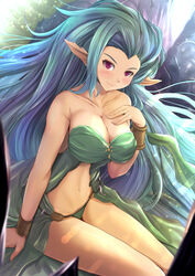  blue_hair blush breasts commentary_request female granblue_fantasy kanzaki_kureha large_breasts long_hair navel pointy_ears red_eyes smile solo tiamat_(granblue_fantasy) very_long_hair 