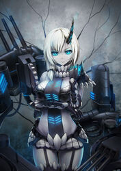  against_wall armor asymmetrical_bangs asymmetrical_clothes bare_shoulders belt black_gloves black_sclera black_thighhighs blue_eyes breastplate breasts cannon capsule chinese_commentary clenched_hand closed_mouth collar colored_sclera commentary_request cowboy_shot crevice dark_persona elbow_gloves enemy_vessel_(warship_girls_r) expressionless female garter_straps gears gloves hair_over_shoulder highres horns large_breasts looking_at_viewer low_ponytail machinery midriff miniskirt photoshop_(medium) revealing_clothes rodney_(warship_girls_r) short_hair shoulder_pads single_horn skirt solo thighhighs turret warship_girls_r white_hair white_skirt xiaoyin_li 