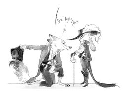  2016 anthro barefoot boots bowing canid canine cape clothing digital_media_(artwork) dipstick_tail disney duo feathers feet female footwear fox frown fur ganym0 grey_body grey_fur greyscale half-closed_eyes hat headgear headwear judy_hopps lagomorph leporid long_ears male mammal markings melee_weapon monochrome multicolored_tail narrowed_eyes nick_wilde pirate pirate_hat rabbit red_fox size_difference smile sword tail tail_markings true_fox weapon zootopia 