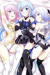  3girls absurdres android armpits ass bare_shoulders bed_sheet blue_eyes blue_hair blush choker elbow_gloves frame_arms_girl girl_sandwich gloves heart heart_hands heart_hands_duo highres imageboard_desourced kitagawa_daisuke lying materia_kuro materia_shiro multiple_girls non-web_source official_art on_back on_side panties pink_eyes pink_hair purple_eyes purple_hair sandwiched short_hair smile striped_clothes striped_panties stylet sweatdrop thighhighs twintails underwear wavy_mouth 