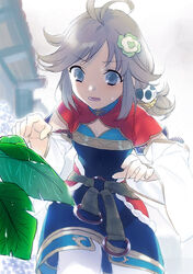  ahoge akiyoshi_haru arms_up chinese_clothes detached_sleeves female flower foreshortening frown grey_eyes grey_hair hair_flower hair_ornament leaf leaning leaning_forward long_sleeves low_ponytail no_pupils open_mouth panda pants rune_factory rune_factory_4 short_ponytail solo sweat swept_bangs wide_sleeves xiao_pai 