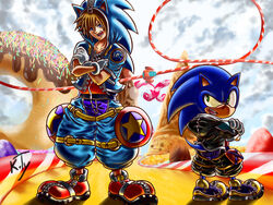  2boys artist_name blue_eyes commentary_request cosplay costume_switch furry furry_male green_eyes highres k.ty_(amejin) kingdom_hearts looking_at_another looking_at_viewer male_focus multiple_boys open_mouth signature smile snout sonic_(series) sonic_the_hedgehog sonic_the_hedgehog_(cosplay) sora_(kingdom_hearts) sora_(kingdom_hearts)_(cosplay) 