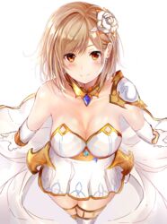  armor bare_shoulders blonde_hair blush breasts brown_eyes cleavage collarbone commentary_request cosplay detached_collar djeeta_(granblue_fantasy) dress efuri_(riarea00) elbow_gloves female flower glorybringer_(granblue_fantasy) glorybringer_(granblue_fantasy)_(cosplay) gloves granblue_fantasy hair_flower hair_ornament highres hip_focus large_breasts looking_at_viewer pauldrons short_hair shoulder_armor simple_background smile solo swept_bangs thighs white_background white_dress white_gloves 