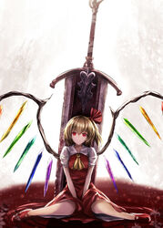  ascot blonde_hair blood chipped_sword closed_mouth commentary_request crack crystal female flandre_scarlet full_body greatsword hair_between_eyes hair_ribbon highres huge_weapon looking_at_viewer no_headwear planted planted_sword pool_of_blood puffy_short_sleeves puffy_sleeves red_eyes red_ribbon red_skirt red_vest ribbon ripples short_hair short_sleeves side_ponytail sinkai sitting skirt skirt_set smile solo sword touhou v_arms vest wariza weapon wings 