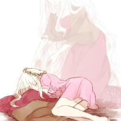  2girls aged_down bad_id bad_pixiv_id kagerou_project kozakura_marry kozakura_shion long_hair mother_and_daughter multiple_girls on_floor silhouette sleeping tonari_(z7x8c9) white_hair wreath 