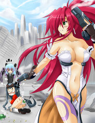  3girls anger_vein ass back-print_panties bare_shoulders blush breasts center_opening commentary_request dual_wielding green_eyes gun himeki_luna holding large_breasts lilith_(vanpri) long_hair looking_back multiple_girls navel okitakung panties parted_lips pelvic_curtain print_panties shell_casing shiera_(vanpri) shiny_skin smile tattoo trigger_discipline underwear vanguard_princess very_long_hair weapon white_panties 