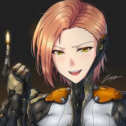  &gt;:) artist_name bodysuit brown_hair commentary_request ember_(warframe) female fire grin hand_up humanization looking_at_viewer short_hair simple_background smile solo teeth upper_body upper_teeth_only v-shaped_eyebrows warframe yellow_eyes zxpfer 