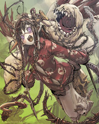  blush commentary_request copyright_name female highres long_hair looking_at_viewer monster monster_girl navel open_mouth original photoshop_(medium) purple_eyes sharp_teeth skull_print stitches sword teeth very_long_hair weapon whoopin 