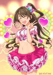  :d ^_^ brown_hair closed_eyes commentary_request crop_top dated double_v female idolmaster idolmaster_cinderella_girls kaoru348 long_hair midriff navel one_side_up open_mouth pink_check_school_(idolmaster) shimamura_uzuki smile solo v 