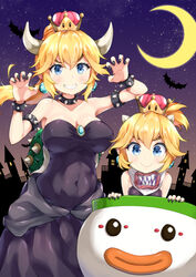  2girls absurdres armlet bare_shoulders bat_(animal) bib black_dress black_nails blonde_hair blush bowsette bowsette_jr. bracelet breasts brooch claw_pose cleavage collar collarbone commentary_request covered_navel crescent_moon crown dress earrings fang_out fingernails forked_eyebrows grin hair_between_eyes halloween hands_up highres horns jewelry junior_clown_car large_breasts long_hair looking_at_viewer mario_(series) medium_breasts miyabi_(miyabeeya) moon mother_and_daughter multiple_girls nail_polish new_super_mario_bros._u_deluxe night night_sky oerba_yun_fang ponytail sharp_fingernails sharp_teeth sky smile spiked_armlet spiked_bracelet spiked_collar spiked_shell spikes star_(sky) starry_moon starry_sky strapless strapless_dress super_crown teeth thick_eyebrows turtle_shell v-shaped_eyebrows 