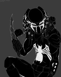  alien black_hair hairlocs mask monochrome muscle no_humans predator predator_(movie) predators shoulder_armor shoulder_cannon simple_background solo spider spider-man venom_(marvel) weapon wrist_blades 