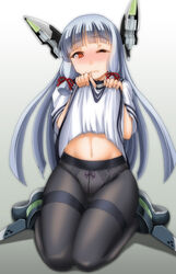  black_pantyhose blunt_bangs blush clothes_lift commentary_request crotch_seam dress dress_lift eyebrows female grey_hair hair_ribbon headgear kantai_collection keito_(keito-ya) long_hair murakumo_(kancolle) navel one_eye_closed orange_eyes panties panties_under_pantyhose pantyhose red_eyes ribbon sailor_dress short_sleeves sidelocks sitting solo sweatdrop tears thighband_pantyhose tress_ribbon underwear wariza wavy_mouth white_panties 