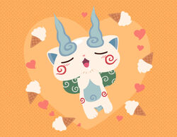  abbreviated_karakusa blush chuno closed_eyes commentary_request food full_body furoshiki furoshiki_around_neck heart ice_cream ice_cream_cone komasan no_humans open_mouth orange_background photoshop_(medium) soft_serve solo youkai_(youkai_watch) youkai_watch 