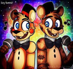  animatronic anthro bear blue_eyes bow_(feature) bow_tie brown_body brown_fur clothing duo five_nights_at_freddy&#039;s five_nights_at_freddy&#039;s_2 fur hat headgear headwear machine male mammal robot scottgames top_hat toy-bonnie toy_freddy_(fnaf) withered_freddy_(fnaf) 