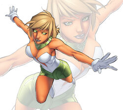  arisia_rrab blonde_hair dc_comics female gloves green_eyes green_lantern green_lantern_(series) pointy_ears skirt solo strapless white_gloves zoom_layer 