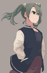  commentary_request female green_eyes green_hair hands_in_pockets harunagi jacket kantai_collection letterman_jacket ribbon simple_background solo twintails white_ribbon wind zuikaku_(kancolle) 