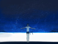  barefoot blue_eyes commentary_request female narutaru night night_sky ocean outstretched_arms photoshop_(medium) revision shirt shorts sime_(echo) sky solo spread_arms star_(sky) starry_sky t-shirt tamai_shiina torii twintails 