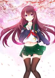  brown_hair brown_thighhighs cherry_blossoms commentary_request crescent crescent_pin female fm green_skirt hair_between_eyes hair_ornament highres jacket kantai_collection kisaragi_(kancolle) kisaragi_kai_ni_(kancolle) long_hair long_sleeves looking_at_viewer navel petals pleated_skirt purple_eyes school_uniform serafuku skirt smile solo thighhighs wind zettai_ryouiki 