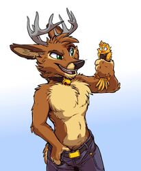  2017 anthro antlers avian bell bell_collar belt big_dom_small_sub bird bottomwear brown_body brown_fur canary clothed clothing collar deer denim denim_bottomwear denim_clothing dominant dominant_male duo feathers female finch fur green_eyes hair holding_character horn ideal_(kour) jeans larger_anthro larger_male lifting male male/female mammal micro micro_abuse micro_in_hand navel oscine pants passerine pinned_arms questionable_consent restrained semi-anthro simple_background size_difference smaller_female tirrel tirrel_(tirrel) topless torso_grab yellow_body yellow_feathers 