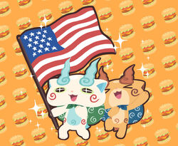  &gt;_&lt; abbreviated_karakusa american_flag arm_up brothers burger chuno closed_eyes commentary_request flag food furoshiki furoshiki_around_neck komajirou komasan no_humans open_mouth orange_background photoshop_(medium) siblings sparkle sparkling_eyes youkai_(youkai_watch) youkai_watch 