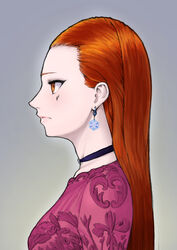  choker closed_mouth commentary_request dress facial_mark female grey_background highres long_hair orange_eyes orange_hair original pink_dress profile purple_choker roviahc simple_background solo upper_body 