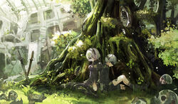  1boy 2b_(nier:automata) 9s_(nier:automata) akatsukiame back-to-back black_blindfold black_legwear blindfold commentary_request covered_eyes female grass moss nier:automata nier_(series) photoshop_(medium) planted planted_sword short_hair sitting sword tree weapon white_hair 