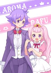  1boy :3 :d ahoge arm_hug aroma_(go!_princess_precure) aroma_(go!_princess_precure)_(human) bow bowtie brother_and_sister chiroru_(7450n) commentary_request dress female flipped_hair formal gloves go!_princess_precure long_hair open_mouth pants personification pink_hair precure puff_(go!_princess_precure) puff_(go!_princess_precure)_(human) purple_eyes purple_hair red_bow siblings smile suit traditional_bowtie twintails white_gloves 