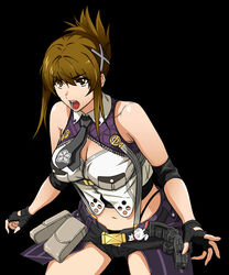  bare_shoulders black_gloves black_necktie black_ribbon breasts cleavage crop_top elbow_sleeve female fingerless_gloves folded_ponytail gloves green_hair hair_ornament hair_ribbon kisaragi_chitose large_breasts necktie ribbon shirt sidelocks sleeveless sleeveless_shirt solo super_robot_wars super_robot_wars_v upper_body yellow_eyes 