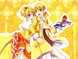  1boy aku_no_meshitsukai_(vocaloid) aku_no_musume_(vocaloid) allen_avadonia blonde_hair blue_eyes brioche brother_and_sister commentary_request cupcake dress evillious_nendaiki female food frilled_dress frills hair_ornament hair_ribbon hairclip highres hug hug_from_behind kagamine_len kagamine_rin patterned_background ponytail ribbon riliane_lucifen_d&#039;autriche seasnow siblings smile surprised twins vocaloid 